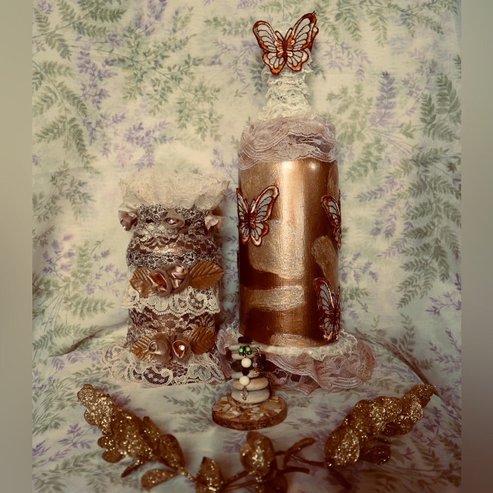 Hand Crafted Gypsy Bottle And Jar Set Butterflies & Flowers Meadow Set - Picture 2 of 15